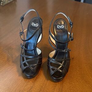 Dolce & Gabbana Black & Brown Patent Leather Strappy Stiletto Sandals Size 36.5